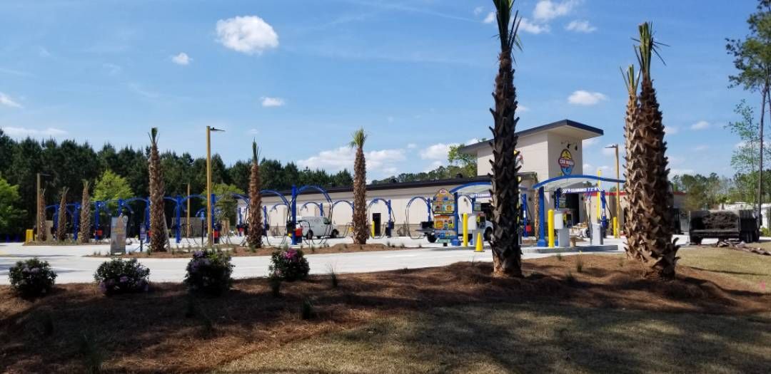 Newly planted trees in front of Express Island Car Wash