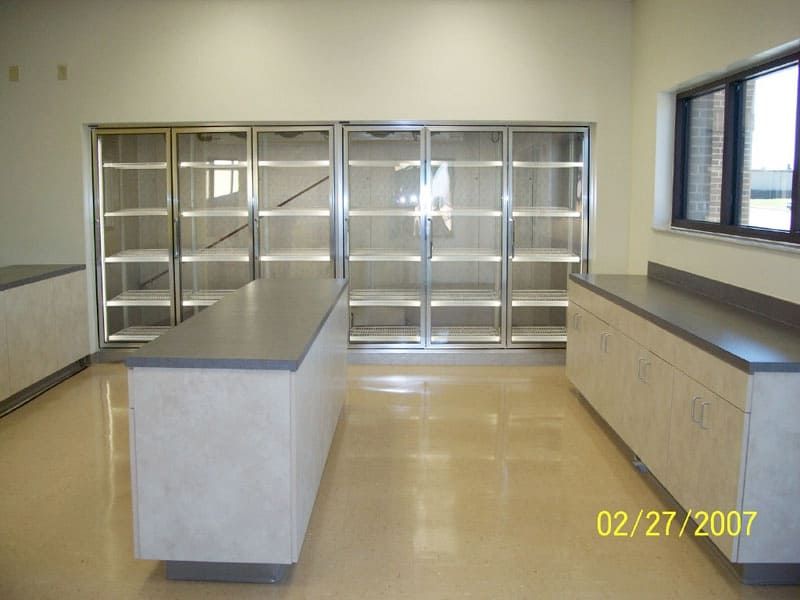 cabinet counters and glass storage units