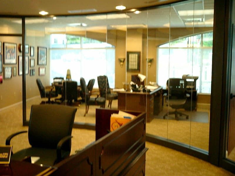 office reflected on mirror wall