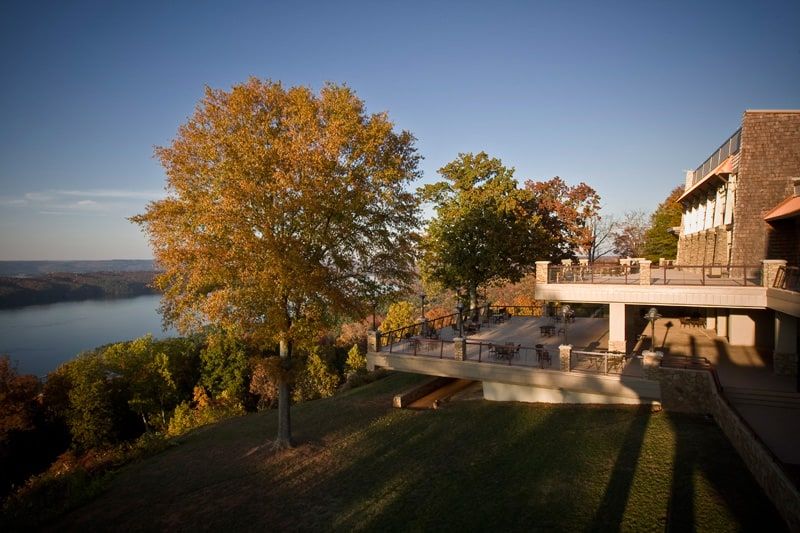 two tier balcony overlooking lake