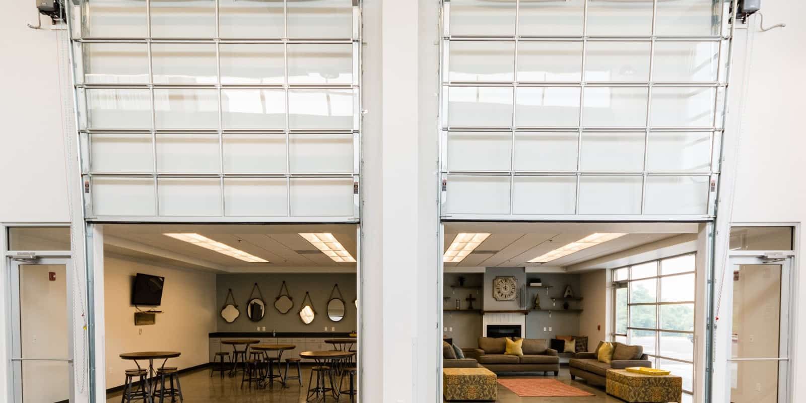 two different style sitting areas seen through open windows